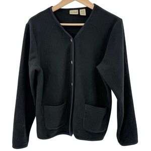 LL Bean Womens Black Fleece Cardigan Sweater Ornate Buttons Med Reg RF08